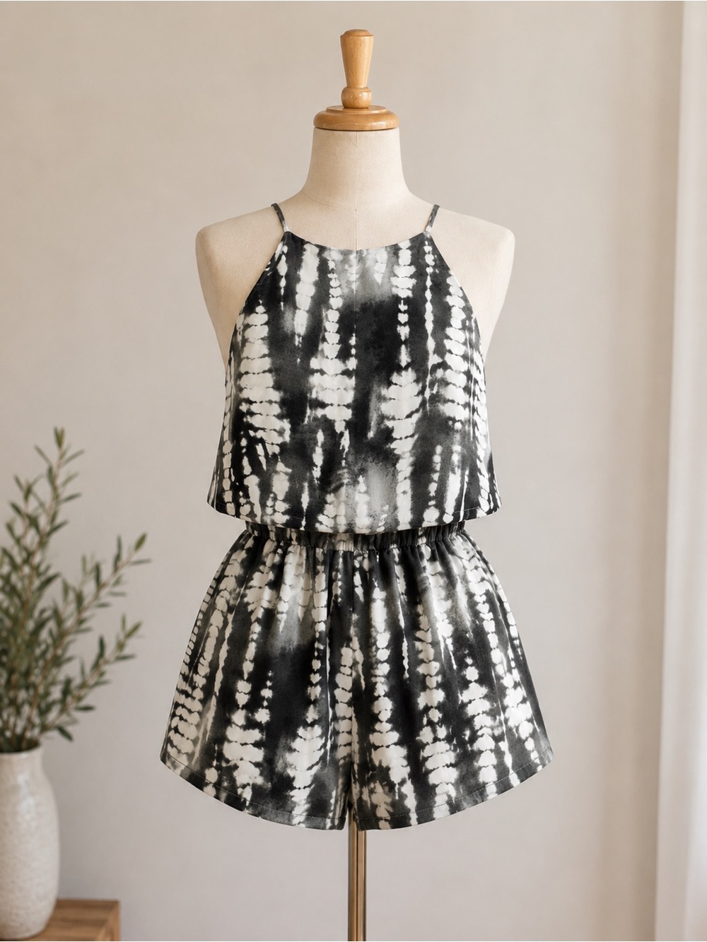 Tyche Black and White Tie-Dye Halter Cami